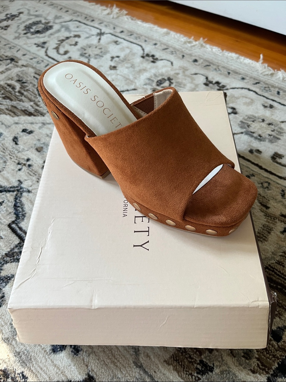 Oasis Society Tan Suede Studded Platform Mule